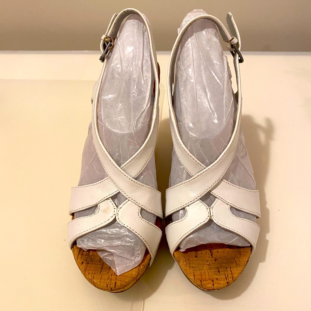 Guess white leather and cork wedge heels
